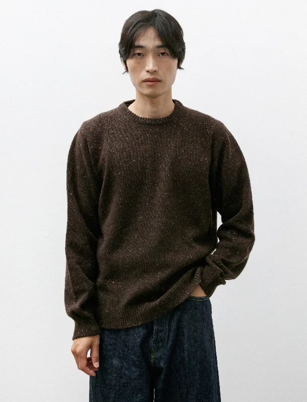 Men's Sweaters with Checkerboard PatternsCrewneck Sweater Recycled Cashmere Wool Brown Donegal