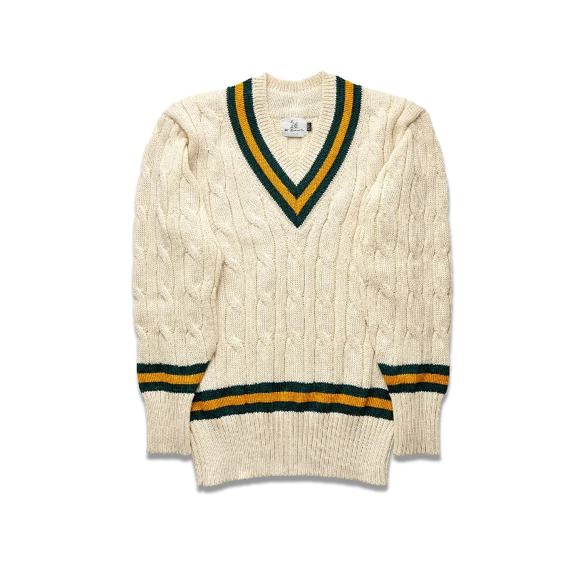 Men's Sweaters with Hidden PocketsFox Cricket Club Ecru Sweater with Green & Gold Stripes