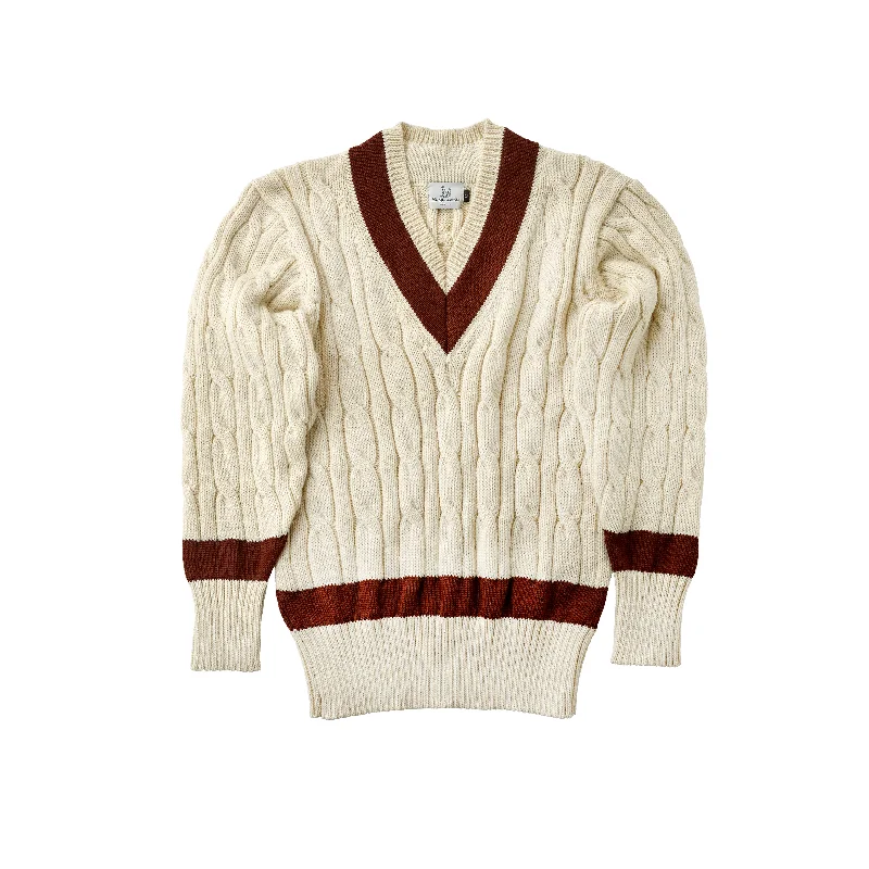 Men's Sweaters with Ribbed WaistbandsFox Cricket Club Ecru Sweater with Suede Brown Stripes