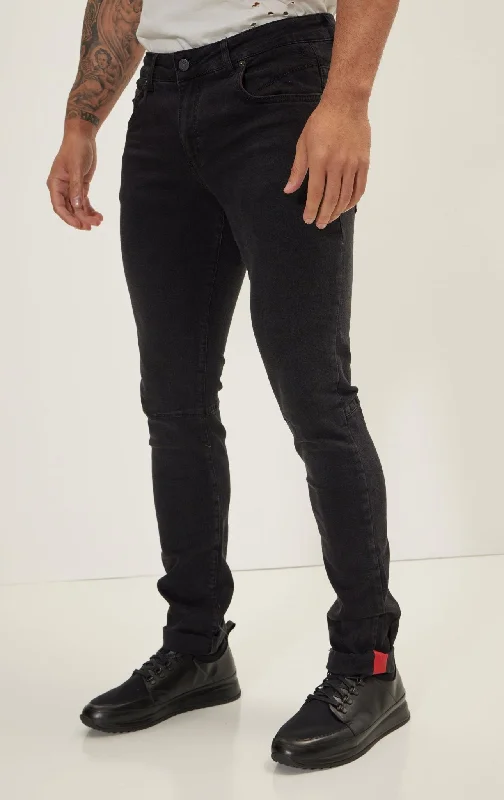 Light Wash Men's JeansCuff Detail Inner Red Stripe Denim -  Black