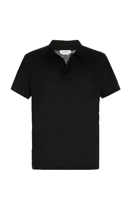 Men's Shirts with Asymmetrical HemlinesJaime Short Sleeve Polo in Black Cotton Jersey