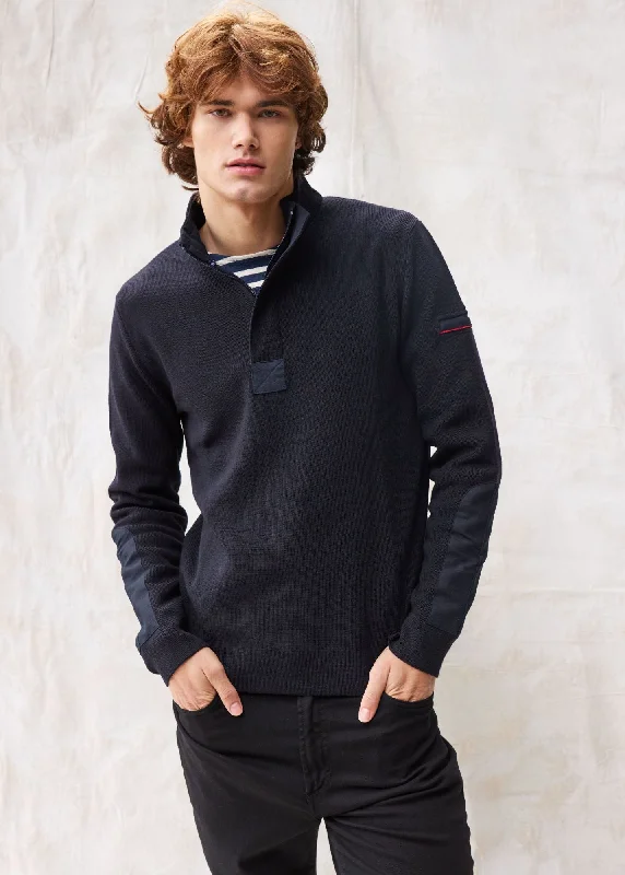 Men's Sweaters with ThumbholesLOUP DE MER II - Quarter Zip Sweater with Forearm Canvas Trim For Men| 100% Wool (NAVY)