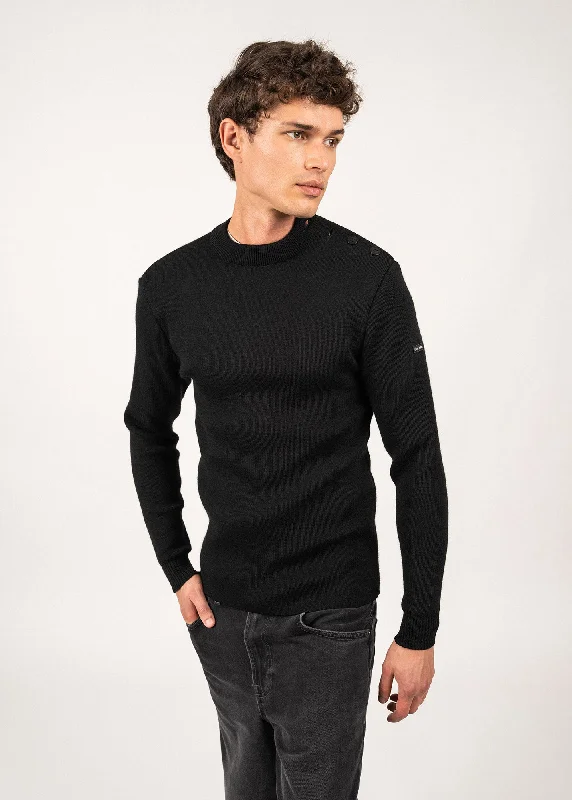 Men's Sweaters for Winter SportsMATELOT - Wool Fisherman Sweater with Button Shoulder | Slim Fit (BLACK)