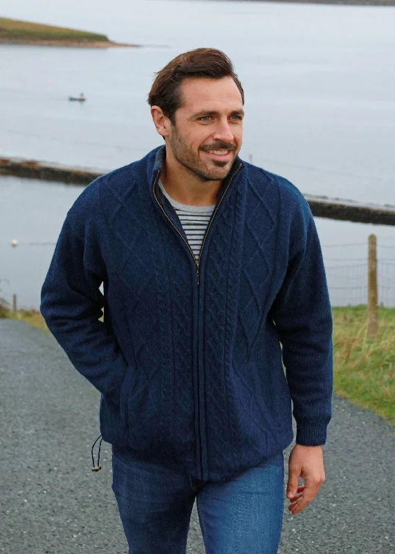 Men's Sweaters with Pockets and ZippersMens Lined Wool Aran Cardigan | Blue