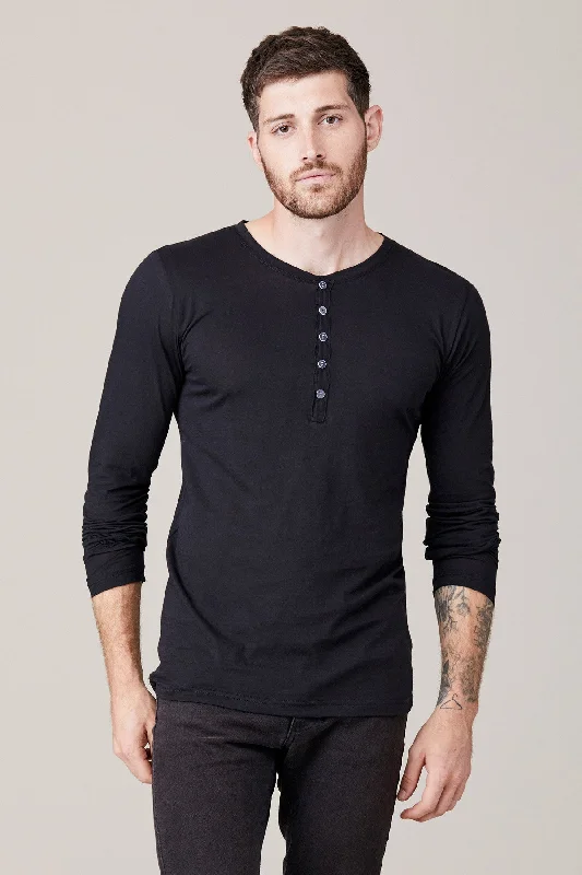 Men's Shirts with Patchwork PatternsMen's Long Sleeve Button Henley - Black