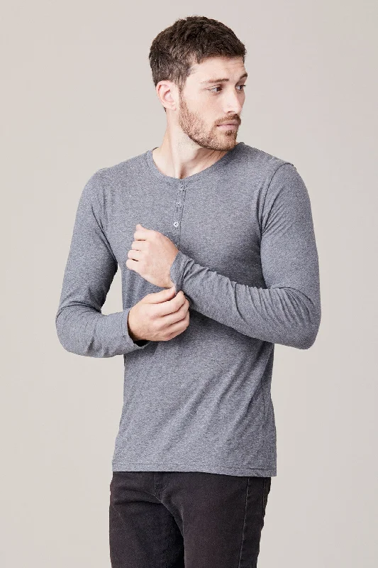 Men's Shirts with Raw-Edge HemlinesMen's Long Sleeve Button Henley - Heather Grey