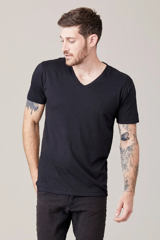 Men's Shirts with Double-Breasted DesignsMen's Short Sleeve V Neck - Black