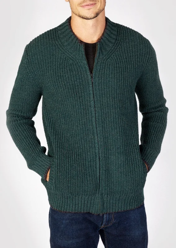 Men's Sweaters with Relaxed FitsIrelandsEye Men's Zipped Ribbed Cardigan | Evergreen