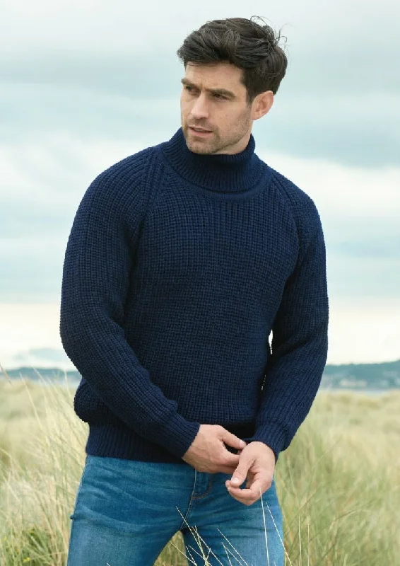 Men's Sweaters with Elastic WaistbandsAran Rib Roll Neck Sweater | Navy