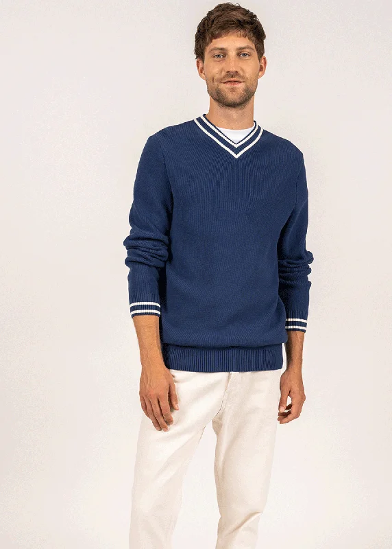 Men's Sweaters with PocketsTREGUIER - V-Neck Purl Knit Sweater (INDIGO / IVORY)