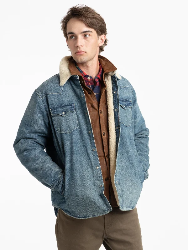 Men's Coats with ButtonsBlue Fleece-Lined Denim Western Shirt Jacket