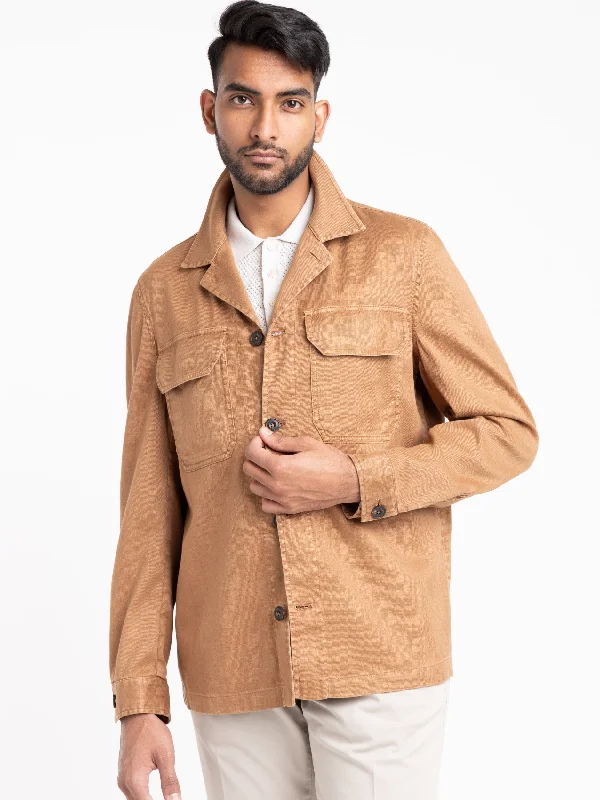 Men's Coats with Patchwork DesignsBrown Garment-Dyed Overshirt