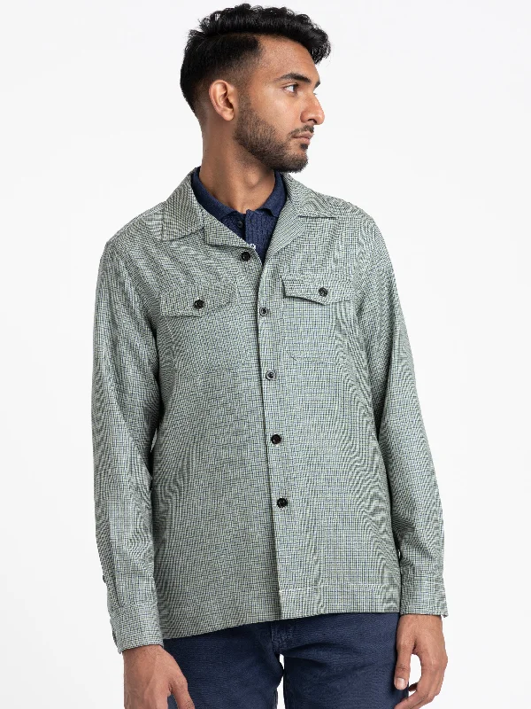 Men's Coats with Embroidered DetailsGreen Wool-Silk Houndstooth Overshirt