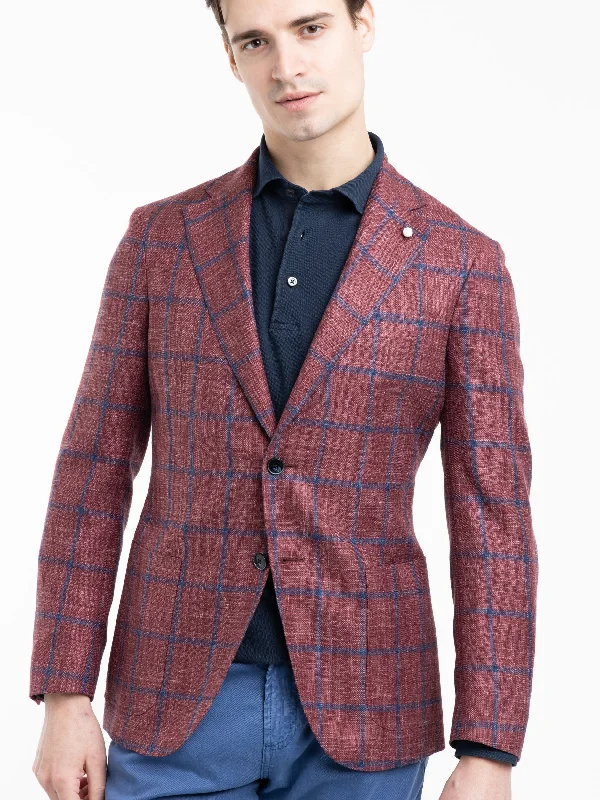 Men's Coats with Flannel LiningRed/Navy Check Wool-Silk Sport Jacket