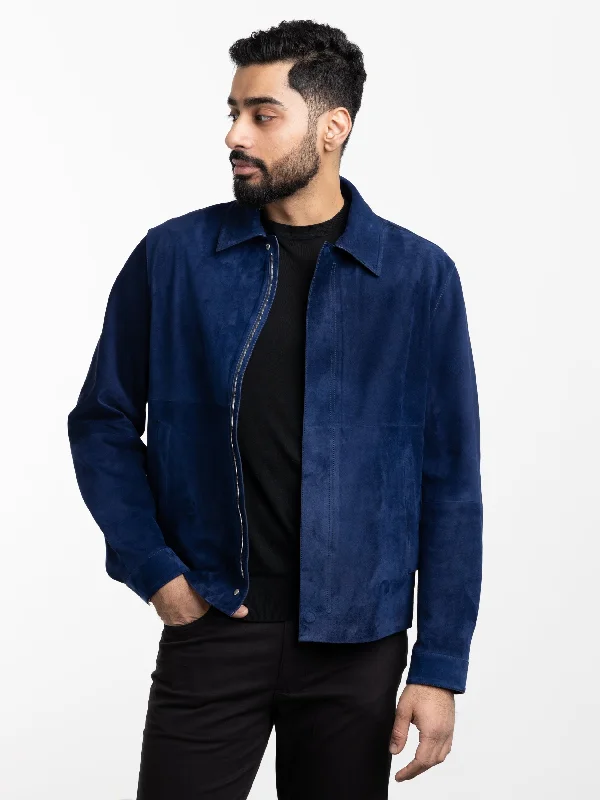 Men's Coats with Slim FitsUtility Blue Suede Full Zip Jacket