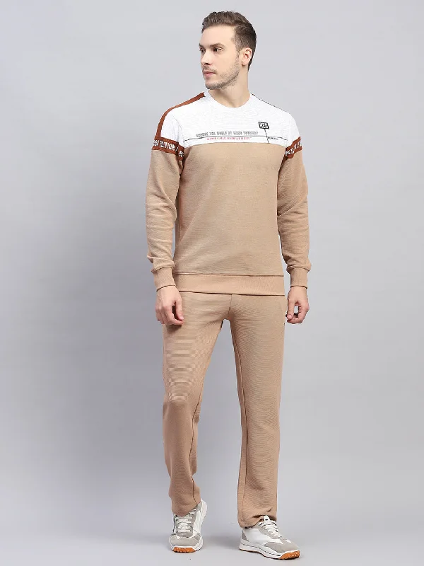 Short-Sleeve Breathable Men's SportswearMen Beige Printed Round Neck Full Sleeve Winter Tracksuit