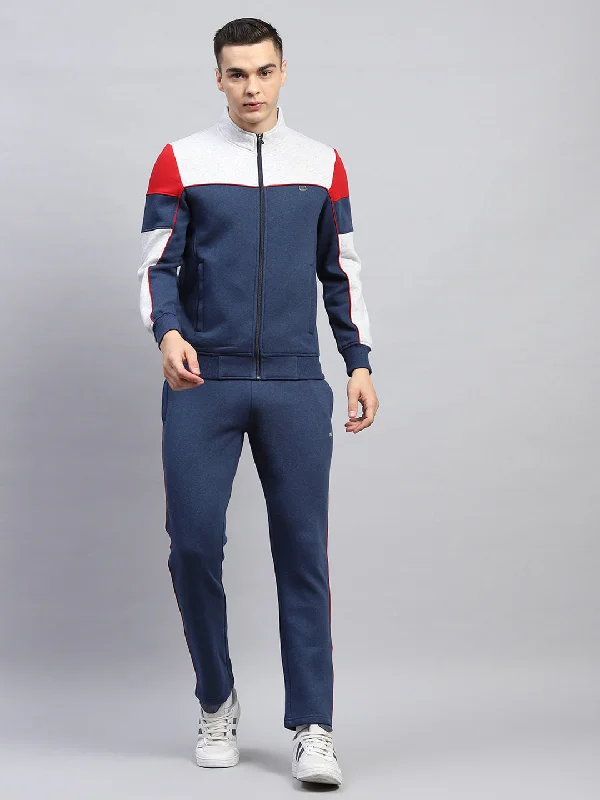 Durable and Stylish Men's SportswearMen Blue Solid Mock Neck Full Sleeve Winter Tracksuit