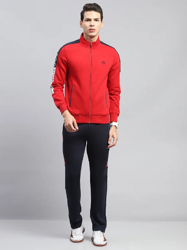 Weather-Resistant Outdoor Men's SportswearMen Red Printed Mock Neck Full Sleeve Winter Tracksuit