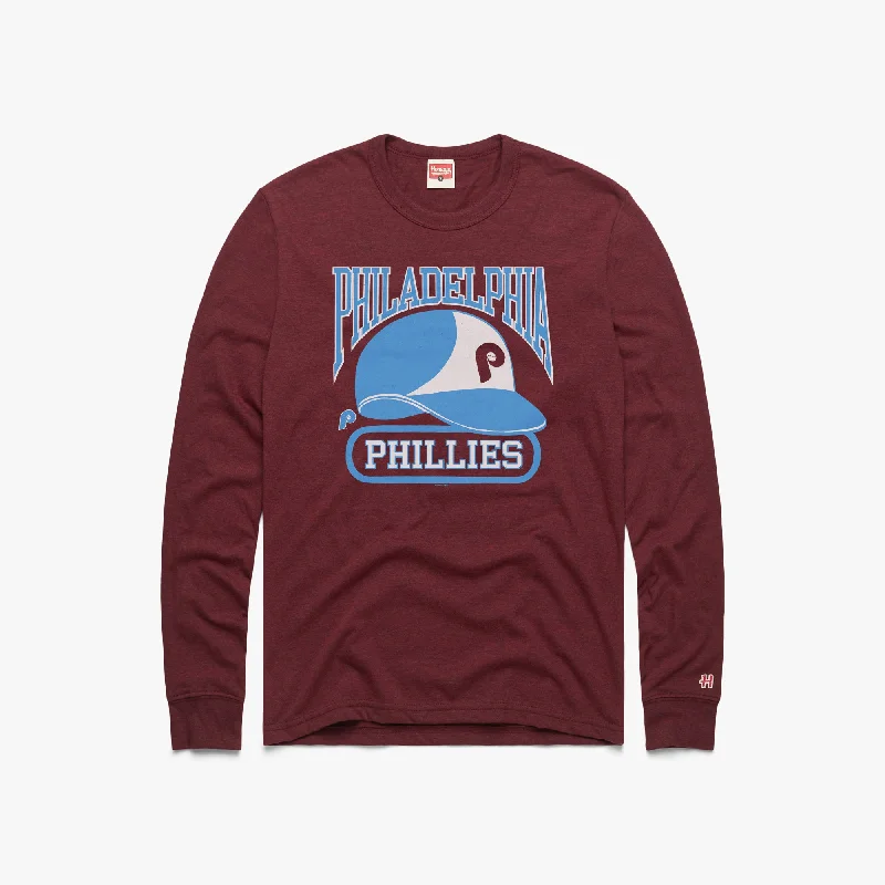 Men's Shirts with Ruffled HemlinesPhiladelphia Phillies Helmet Long Sleeve Tee